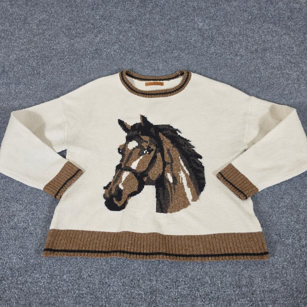 Belldini Horse Graphic Knit Sweater Cream Brown Equestrian Pullover Women Medium